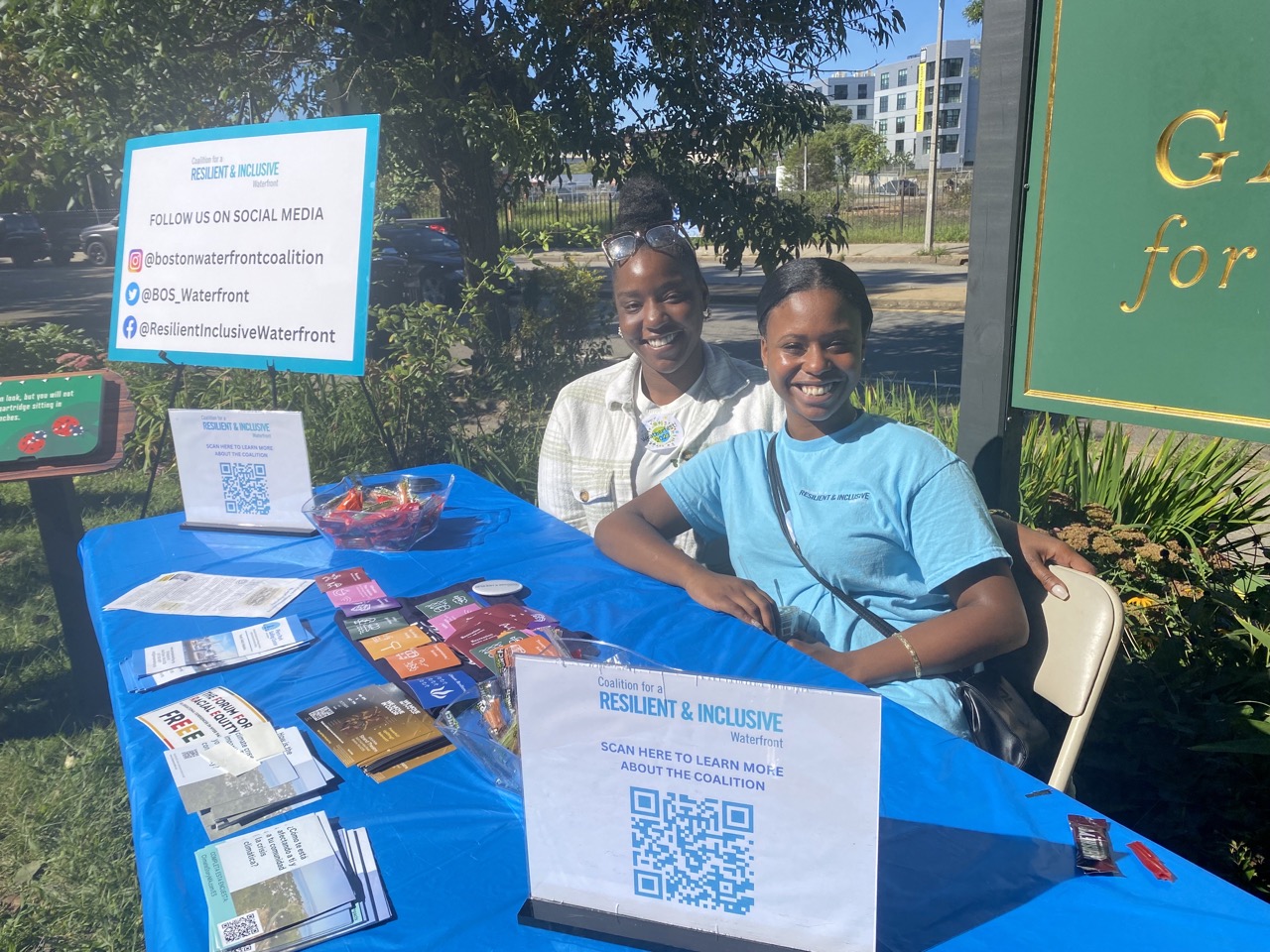 Errin Davis and Ajah Joseph from the Coalition for a Resilient and
      Inclusive waterfront were on hand to share information about efforts to preserve and open up Boston’s waterfront.